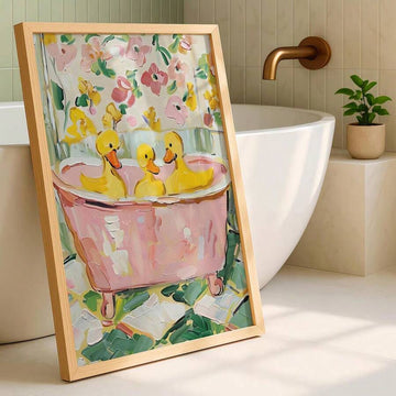 Yellow ducks in pink bathtub wall art with floral background