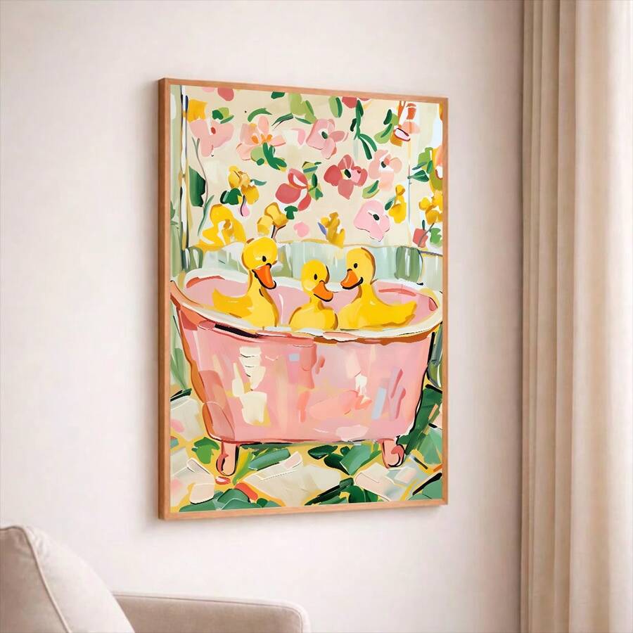 Cute yellow ducks bathtub poster for kids room