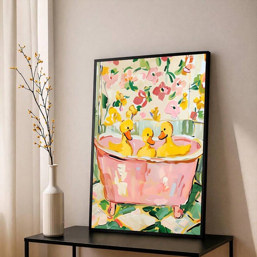 Floral bathroom wall art with three ducks in pink clawfoot tub