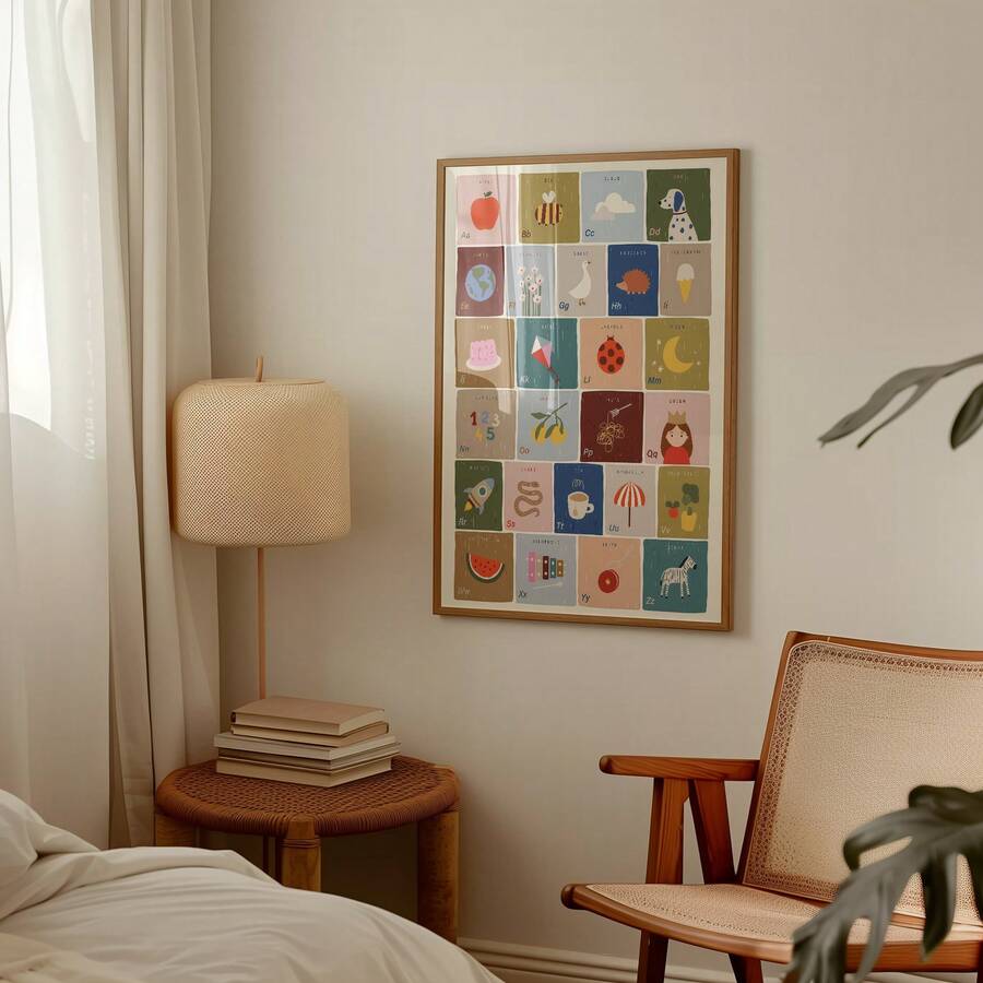 Playful nursery alphabet poster with animals and objects