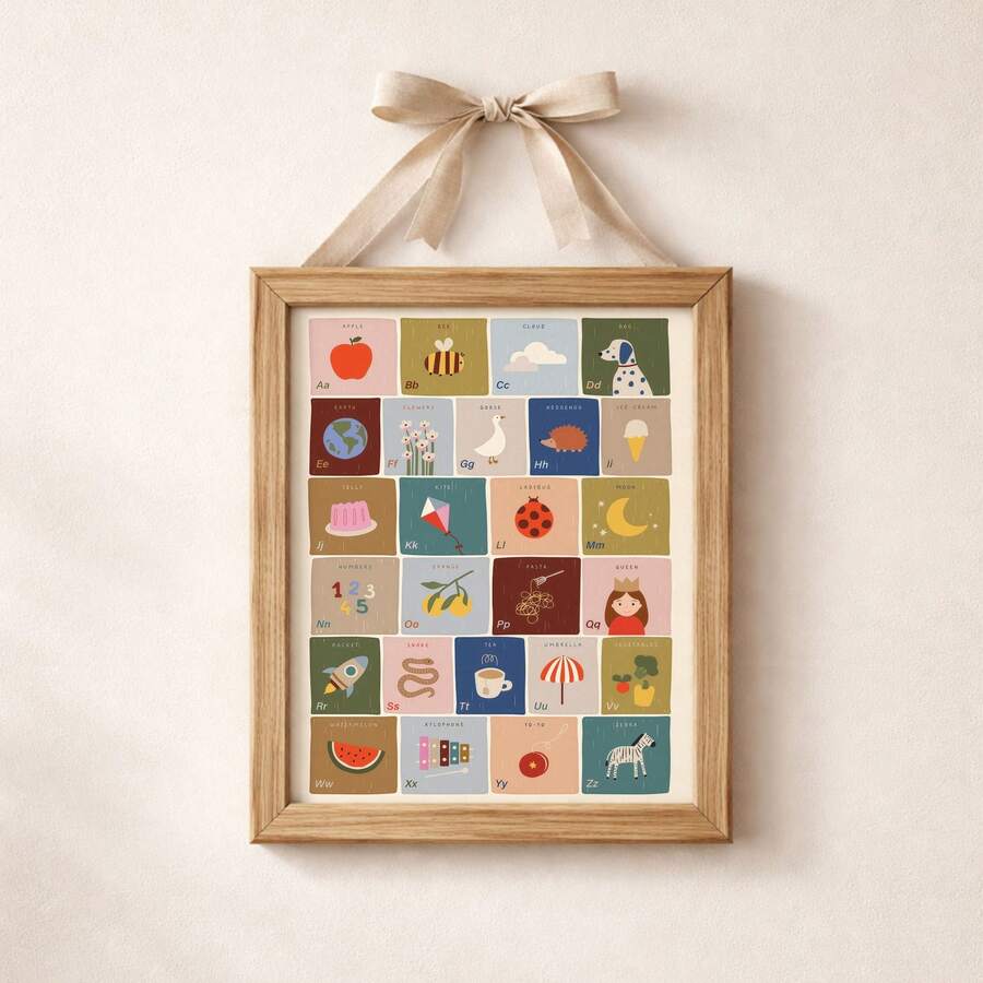 Educational ABC wall print in light wood frame
