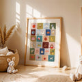 Alphabet poster styled in child bedroom with toys