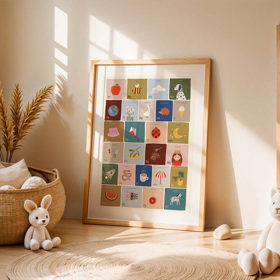 Alphabet poster styled in child bedroom with toys