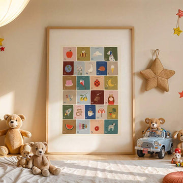 Alphabet kids room poster with pastel A to Z illustrations