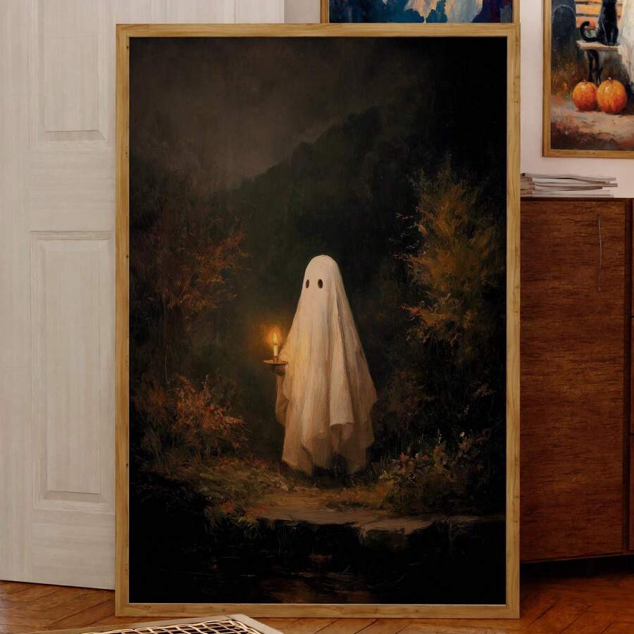 Ghost with candle print showing warm amber glow and deep green forest