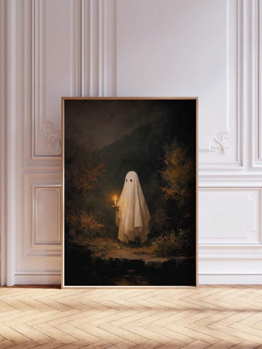 Vintage forest ghost canvas with candle in dark gothic woods