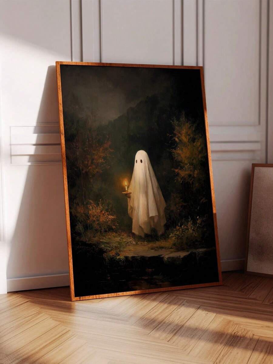 Gothic forest canvas art with sheet ghost and spooky vintage painting style