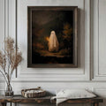Moody ghost poster preview with haunted forest and vintage frame option