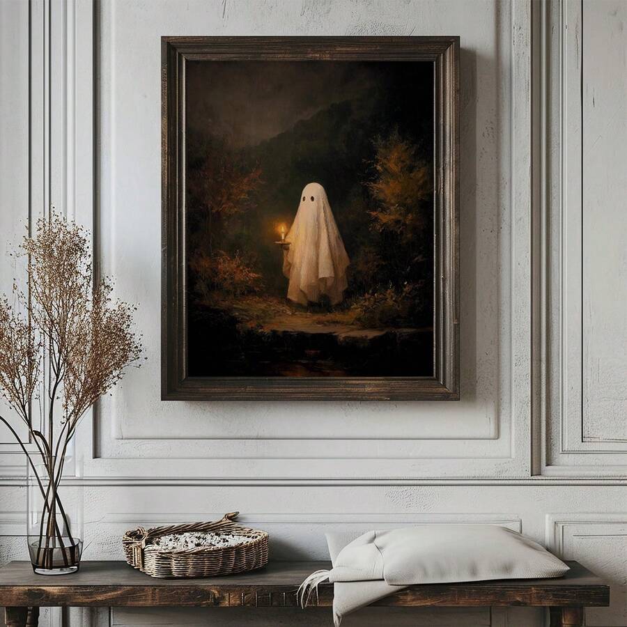 Moody ghost poster preview with haunted forest and vintage frame option