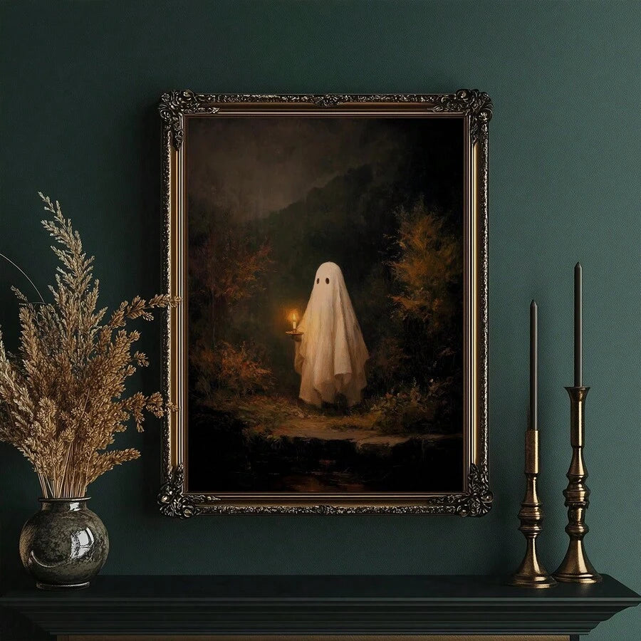 Gothic Halloween decor canvas with cream ghost and black forest background