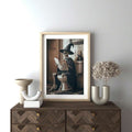 Skeleton on toilet wall art with witch hat and spooky vintage bathroom scene