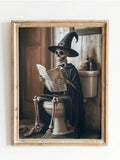 Funny Halloween bathroom decor mockup with framed skeleton newspaper artwork