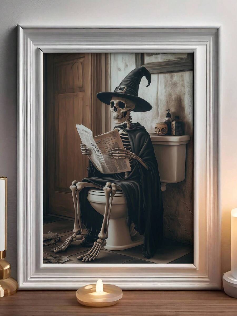 Witch skeleton bathroom canvas with skeleton on toilet reading newspaper