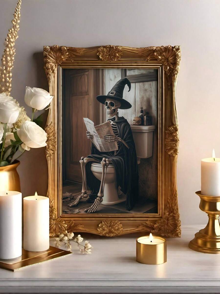 Witch skeleton bathroom canvas with skeleton on toilet reading newspaper