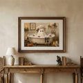 Framed ghost wall painting displayed with seasonal décor