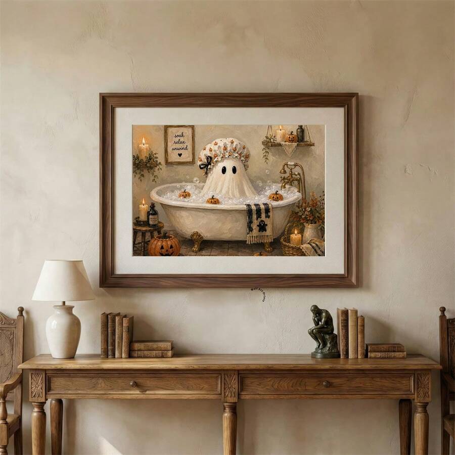 Framed ghost wall painting displayed with seasonal décor