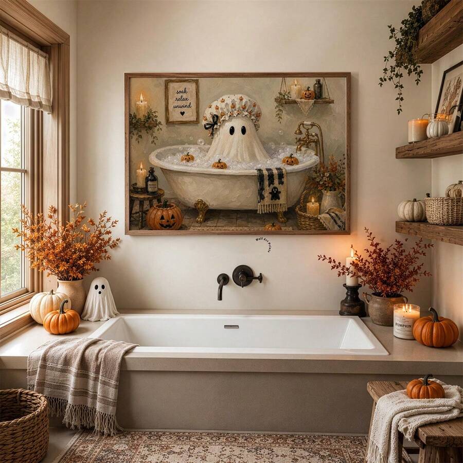 Rustic Halloween bathtub artwork in warm cream and brown tones