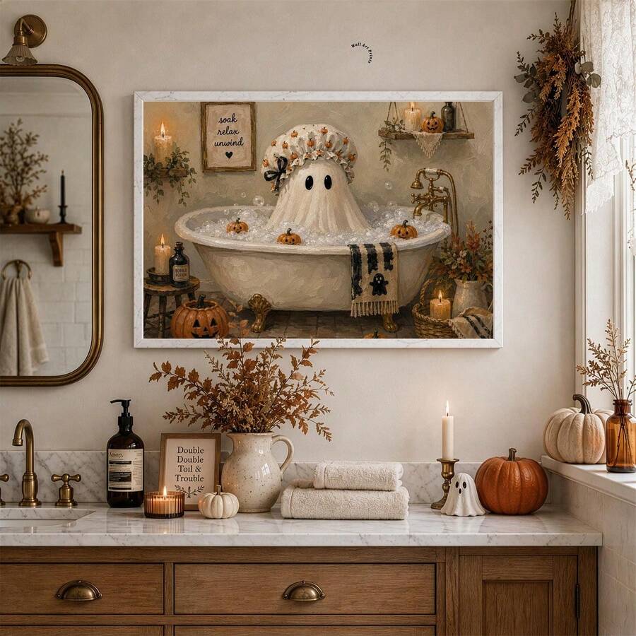 Vintage ghost relaxing in a clawfoot bathtub Halloween wall art