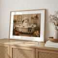Whimsical Halloween bathroom canvas with autumn foliage