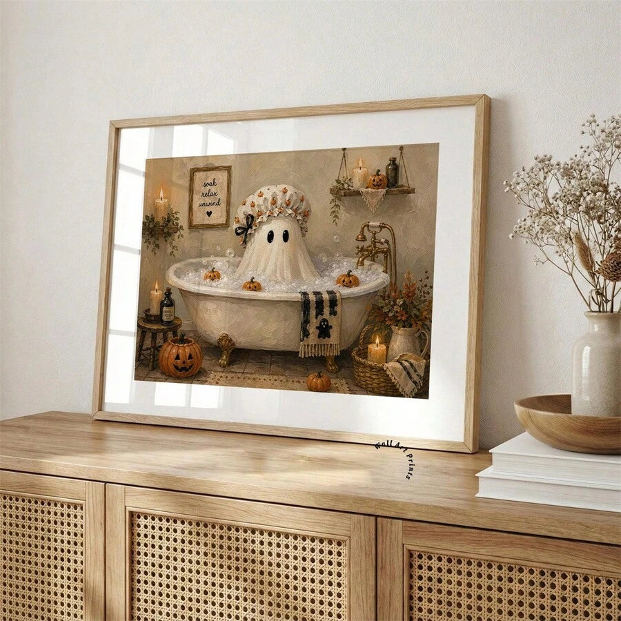 Whimsical Halloween bathroom canvas with autumn foliage