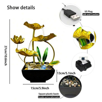 Gold tabletop lotus waterfall fountain with black basin, stones, pump, and size labels.
