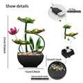 Green lotus waterfall fountain size graphic with USB plug, pump, and black basin closeups.