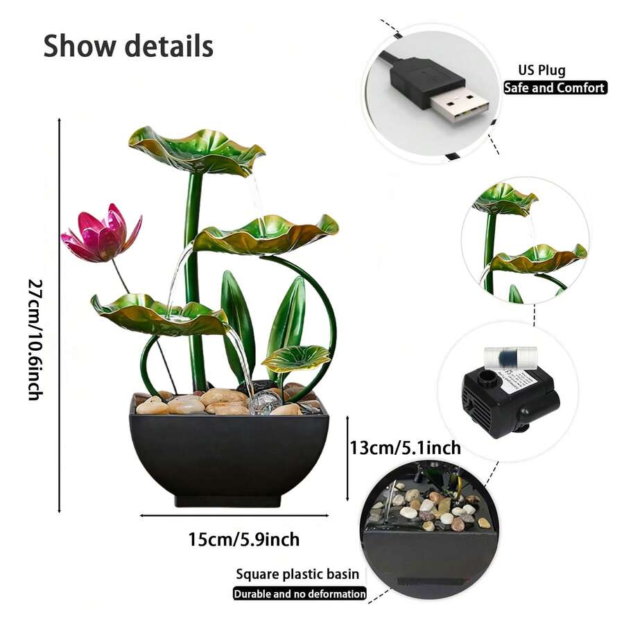 Green lotus waterfall fountain size graphic with USB plug, pump, and black basin closeups.