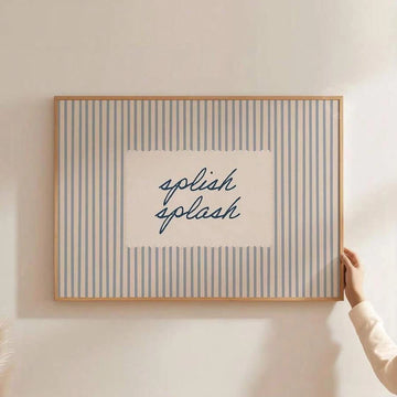 Splish Splash funny bathroom quote canvas wall art with blue striped minimalist design