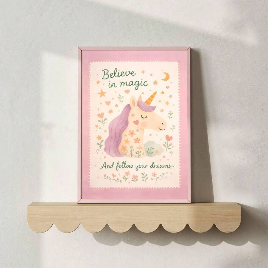 Pastel unicorn quote canvas poster with flowers and crescent moon
