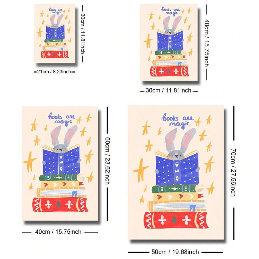 Size guide for whimsical rabbit nursery canvas poster display options