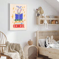 Storybook rabbit reading wall art with colorful stacked books