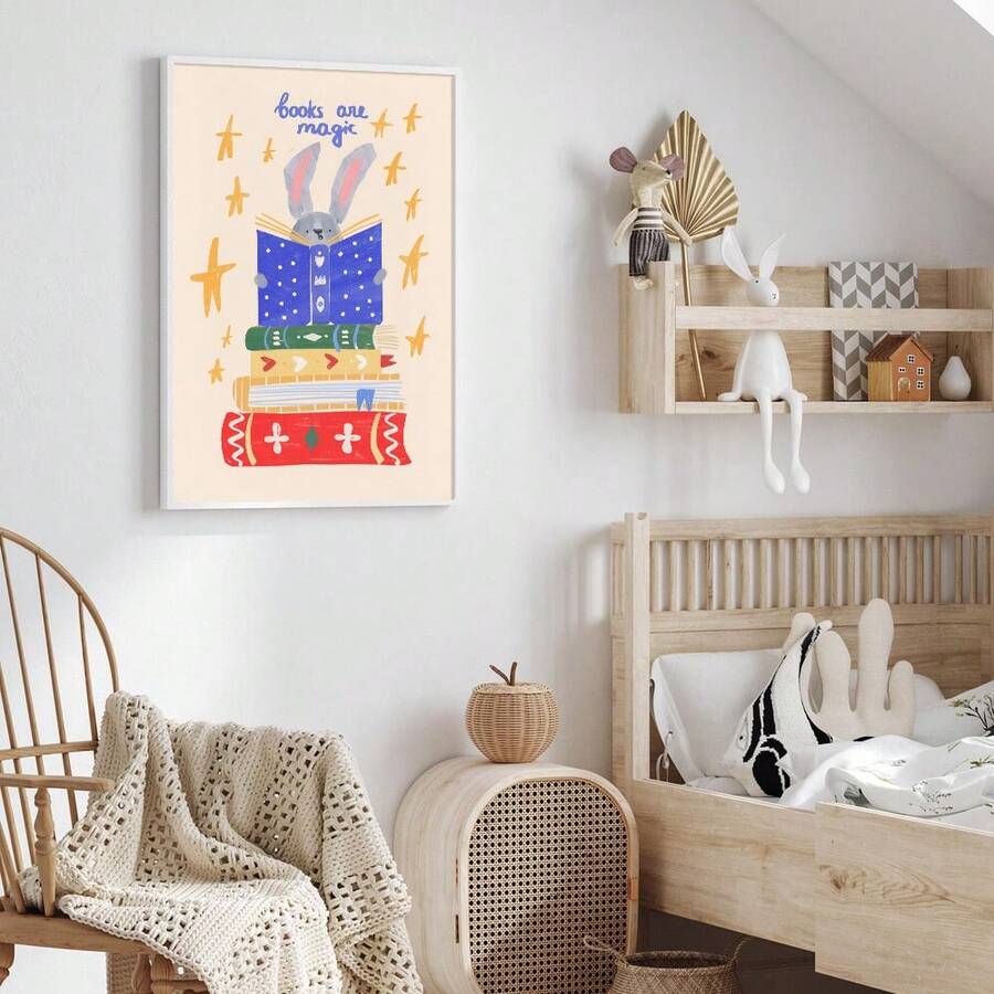Storybook rabbit reading wall art with colorful stacked books