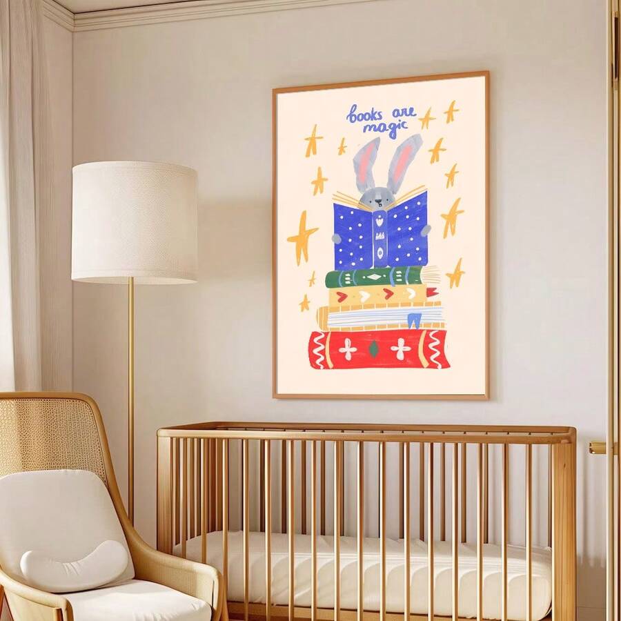 Wooden hanging scroll rabbit reading poster for a cozy reading nook