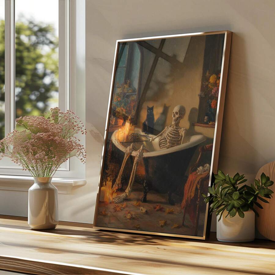 Skeleton bathtub art with black cat candles skulls and autumn flowers
