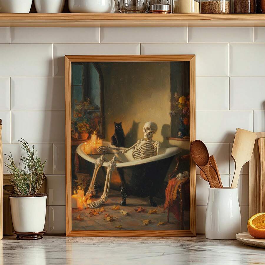 Black cat skeleton poster with clawfoot tub and candlelit dark academia mood