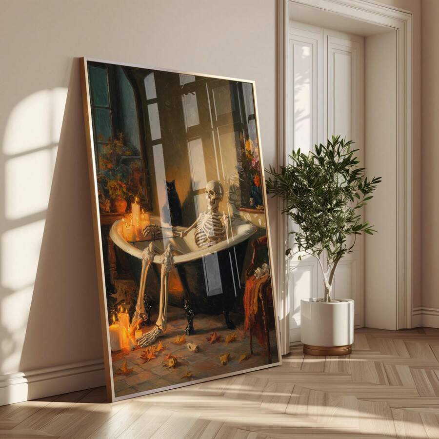 Spooky bathroom decor mockup with gothic skeleton bath illustration