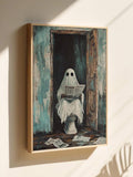 Funny ghost bathroom canvas with newspaper reading ghost on toilet