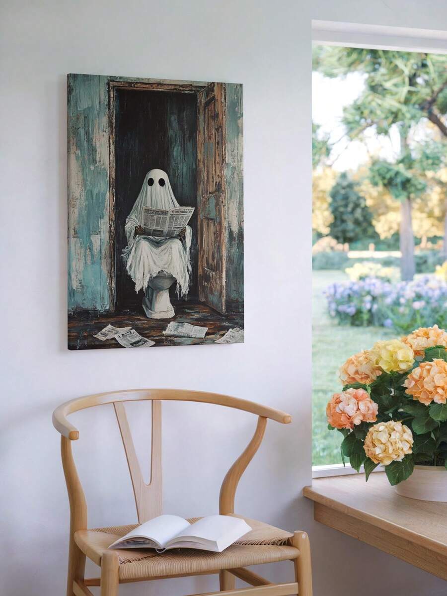 Vintage ghost wall art in rustic teal bathroom doorway scene