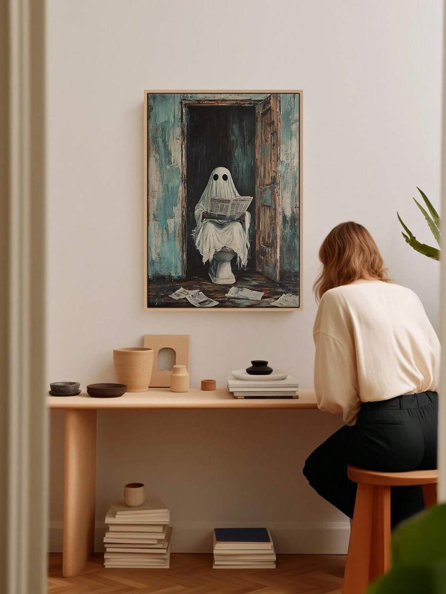 Ghost reading newspaper canvas print with scattered papers on floor
