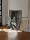 Spooky bathroom art mockup with white sheet ghost and wood frame