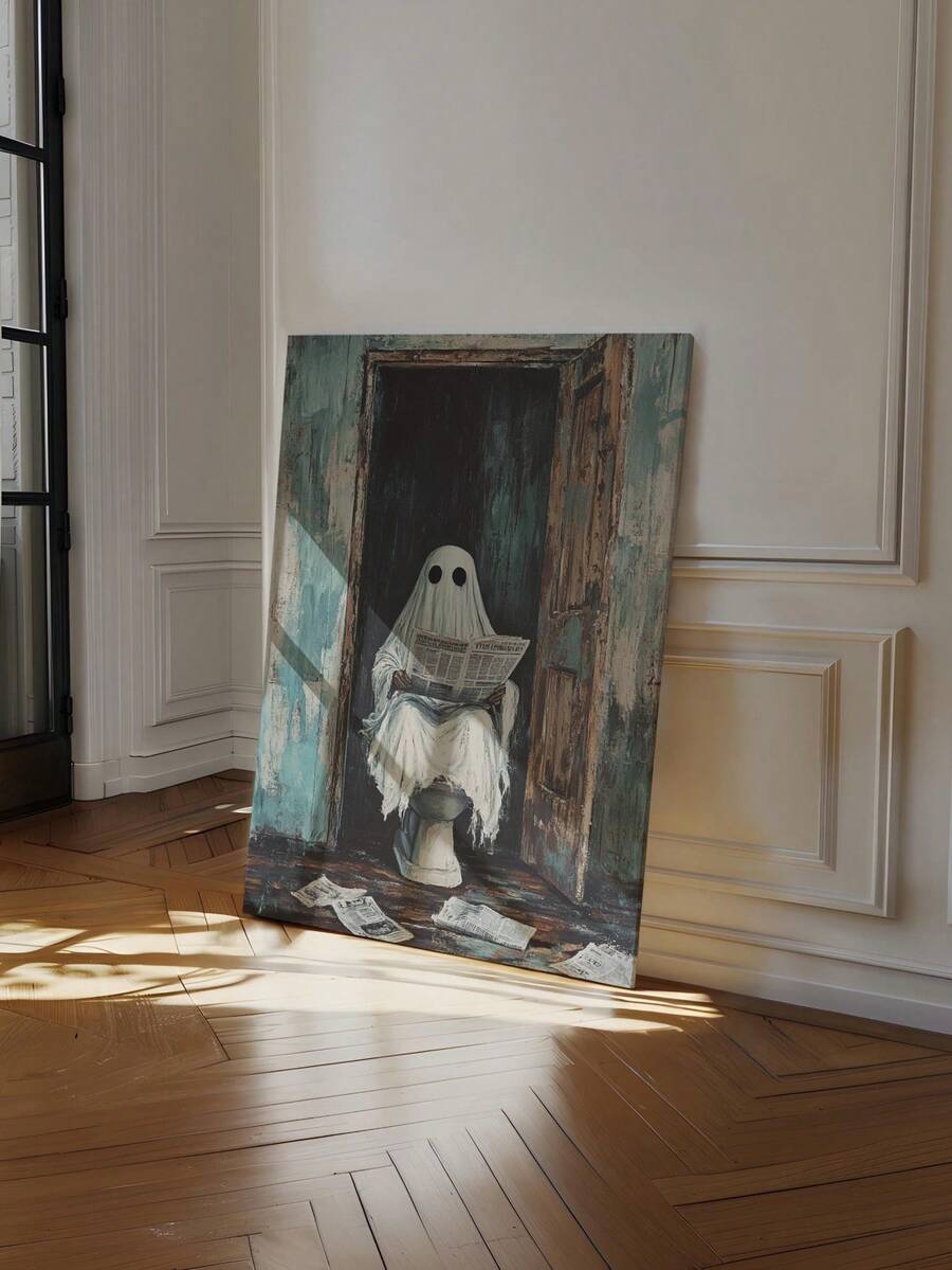 Spooky bathroom art mockup with white sheet ghost and wood frame