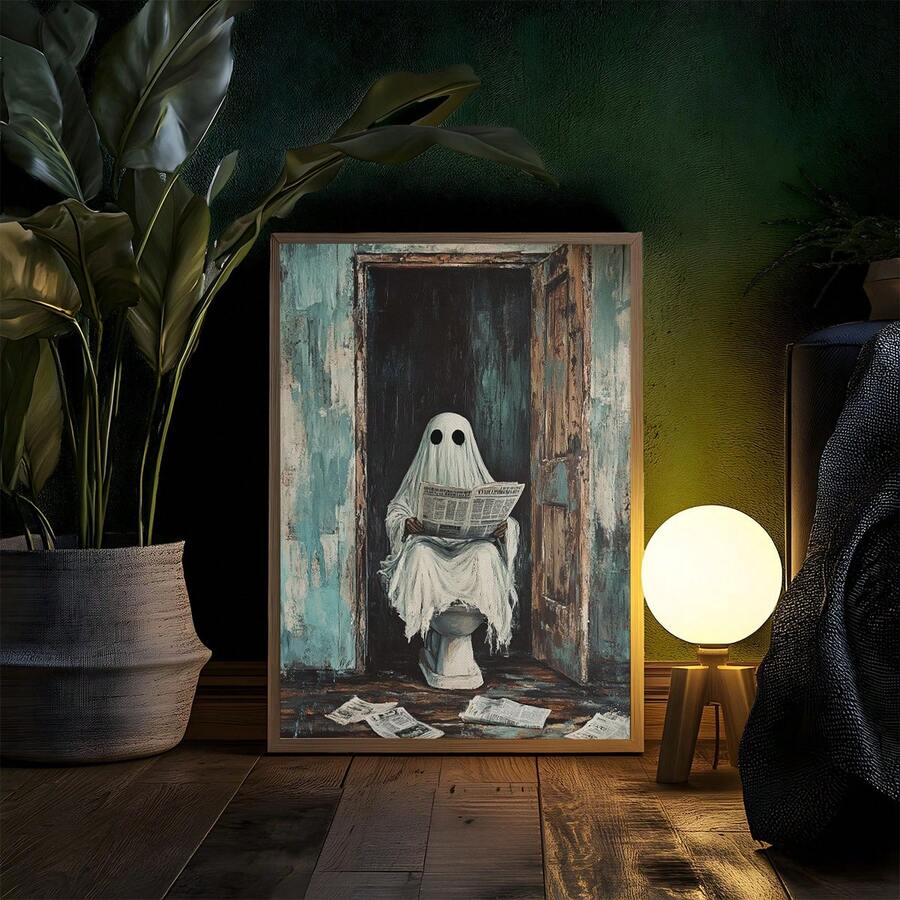 Toilet ghost print shown as quirky Halloween bathroom wall decor