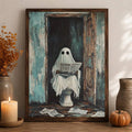 Haunted bathroom canvas preview with teal walls and ghost humor