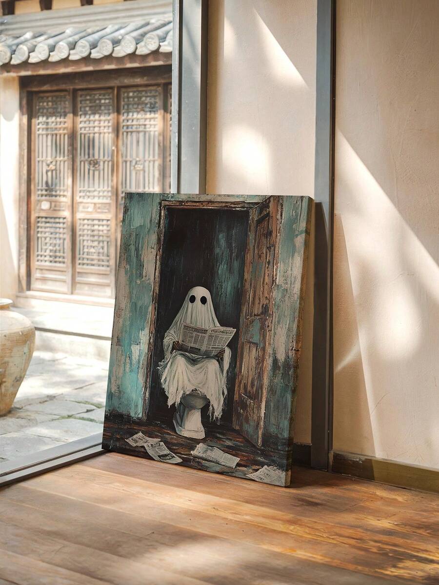 Funny Halloween wall art with ghost reading newspaper in bathroom