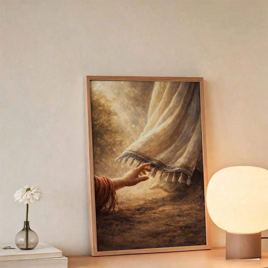 Faith art print showing hand reaching toward garment hem