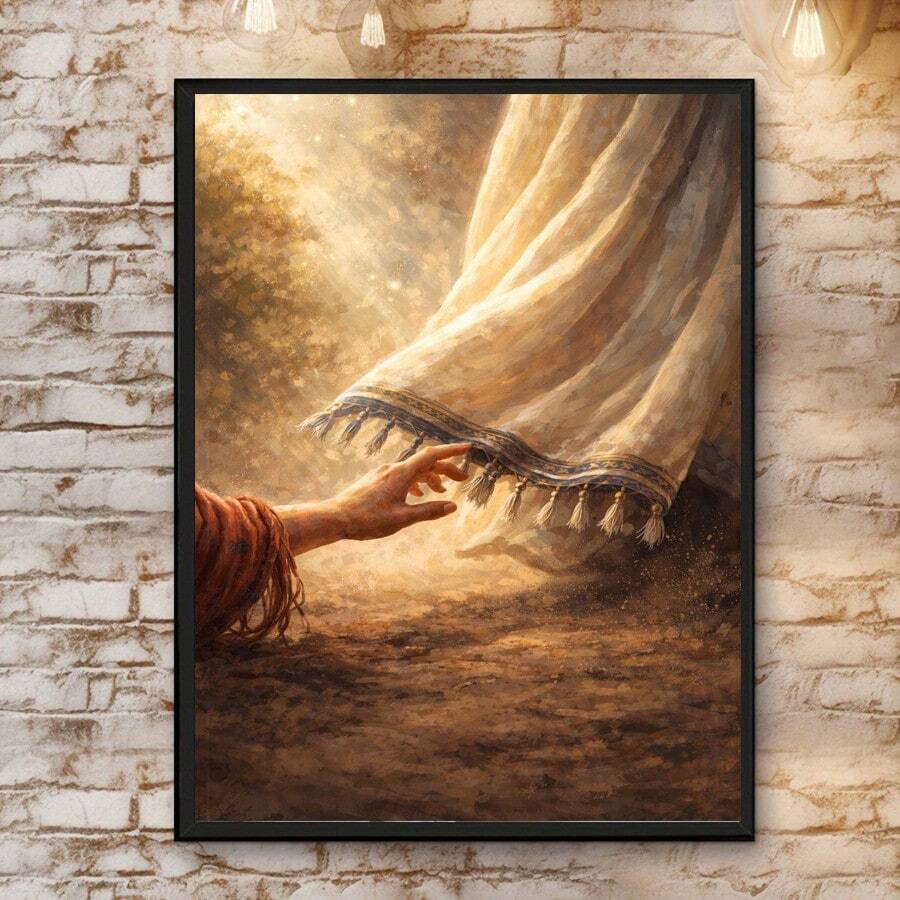Framed religious poster with sepia tones and tasselled hem