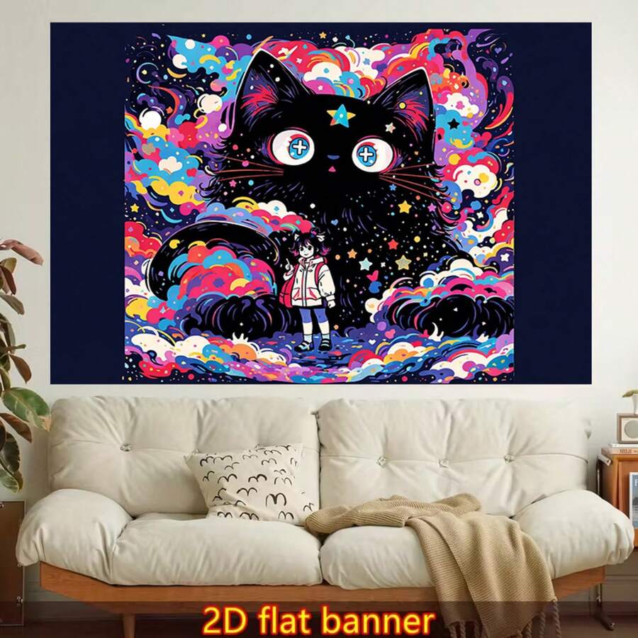 Whimsical cosmic black cat tapestry above white sofa with rainbow clouds