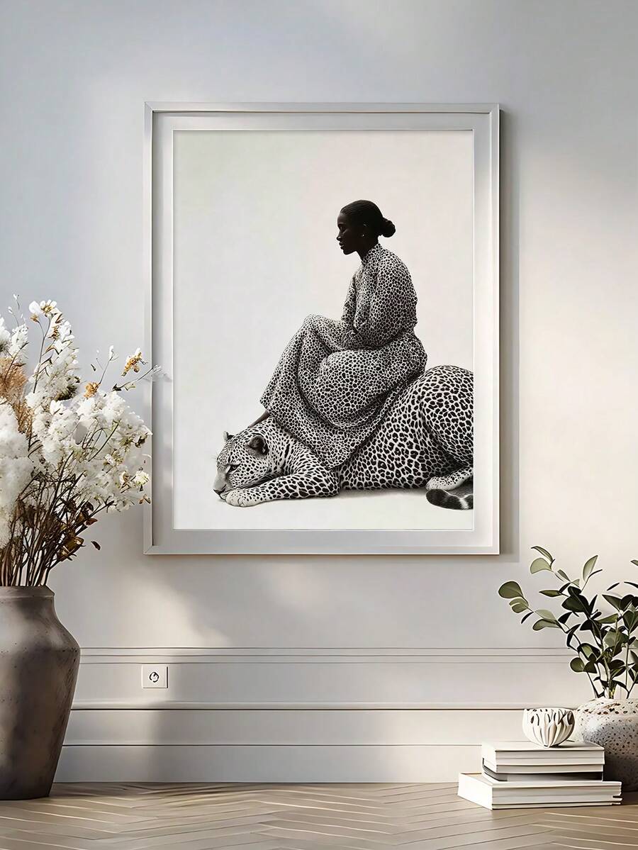 Black woman portrait wall art with leopard and gold frame