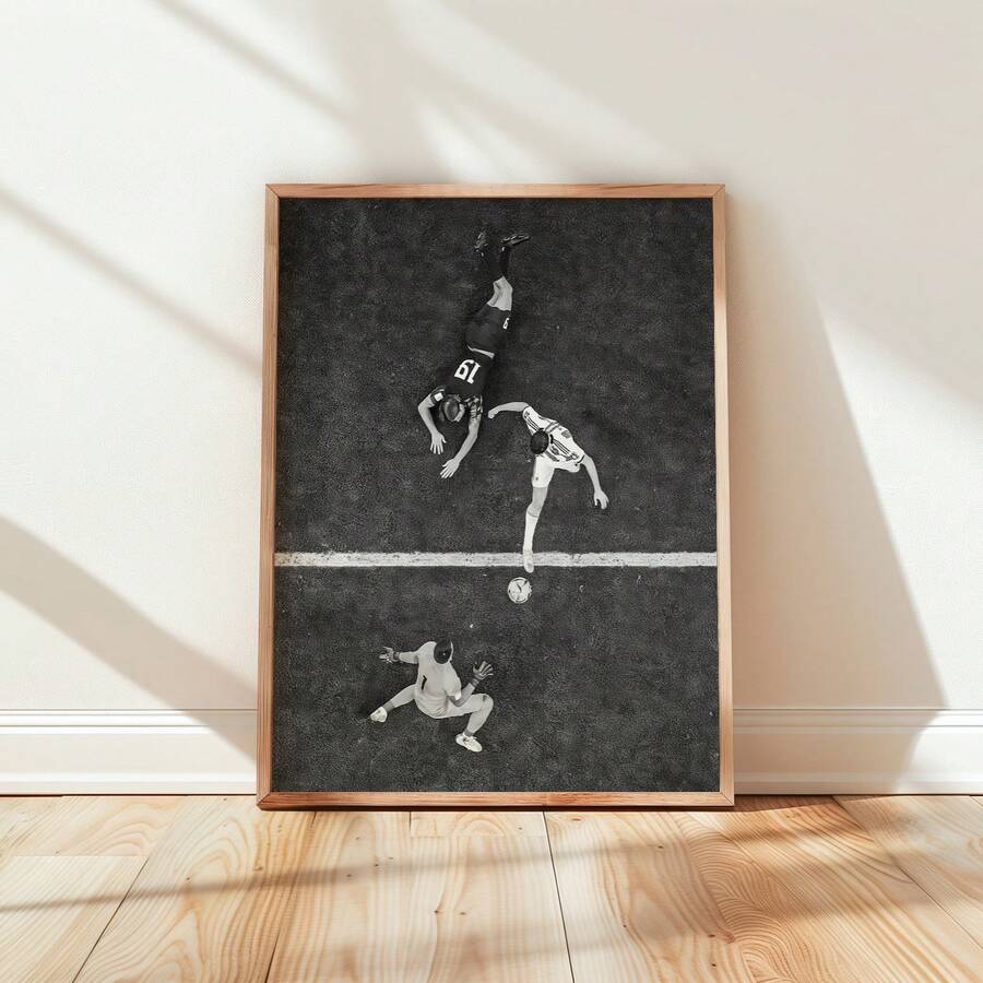 Soccer print with overhead players kicking a ball