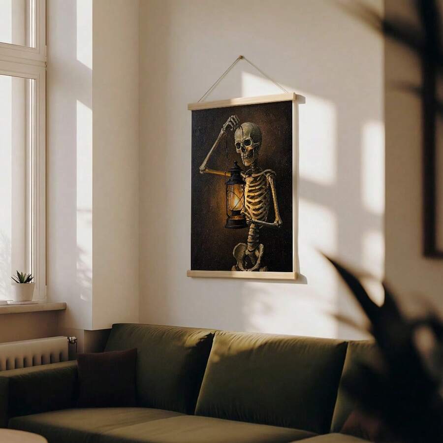 Framed Couch Club smiley artwork above a cozy living room sofa